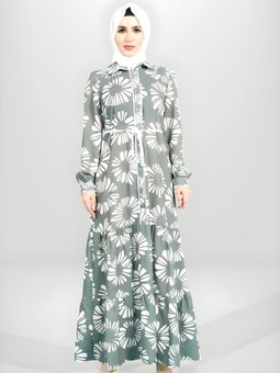 Yeşil Desenli Önü Düğmeli Eteği Fırfırlı Elbise