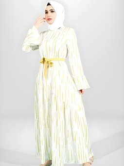 Yeşil Desenli Seyyar Kuşaklı Volan Kol Elbise