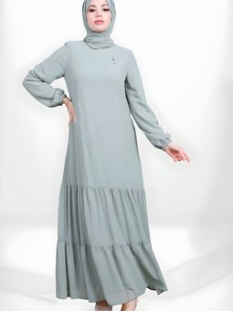 Yeşil Eteği Fırfırlı Kolu Lastikli Elbise