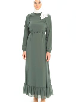 Yeşil Nova Şifon Omuz Ve Kemeri Taş Detaylı Elbise