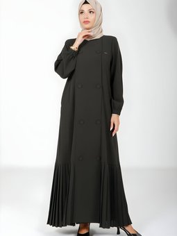 Yeşil Pliseli Düğmeli Yandan Cepli Ferace