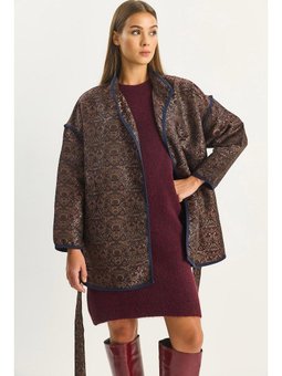 Acı Kahve Etnik Desenli Kuşaklı Oversize Kimono