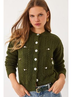 Ajurlu Çiçekli Triko Orman Yeşili Hırka