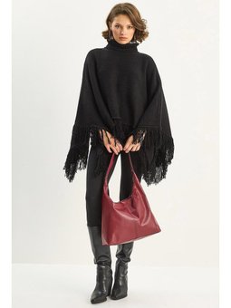 Boğazlı Püsküllü Triko Siyah Panço