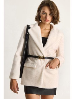 Cep Detaylı Astarlı Kemerli Peluş Dokulu Blazer Krem Ceket