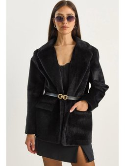 Cep Detaylı Astarlı Kemerli Peluş Dokulu Blazer Siyah Ceket