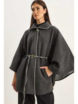 Cep Detaylı Suni Deri Kemerli Kaşe Antrasit Panço