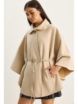 Cep Detaylı Suni Deri Kemerli Kaşe Bej Panço