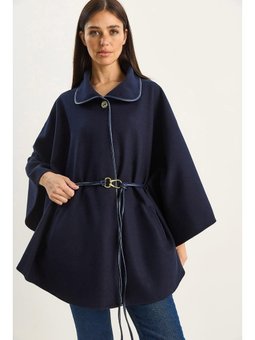 Cep Detaylı Suni Deri Kemerli Kaşe Lacivert Panço