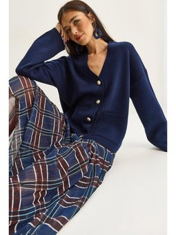 Düğmeli Cep Detaylı V Yaka Uzun Kollu Triko Lacivert Hırka