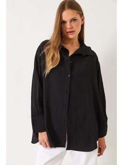 Düşük Omuz Oversize Basic Bürümcük Siyah Gömlek