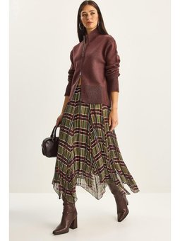 Ekose Desenli Kırışık Efektli Astarlı Midi Şifon Yeşil Etek