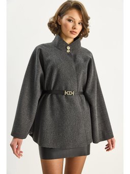 Gold Düğme Detaylı Dik Yaka Kemerli Antrasit Panço