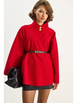 Gold Düğme Detaylı Dik Yaka Kemerli Kırmızı Panço