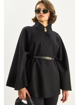 Gold Düğme Detaylı Dik Yaka Kemerli Siyah Panço