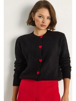 Kalp Düğmeli Triko Siyah Hırka