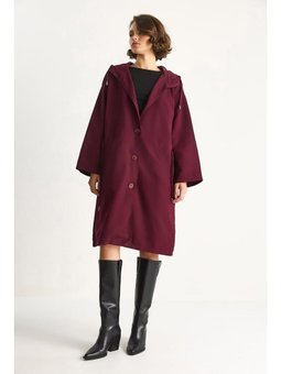 Kapüşonlu Astarlı Cep Detaylı Orta Boy Mevsimlik Vişne Trençkot