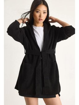 Kapüşonlu Şal Yaka Kuşaklı Siyah Hırka