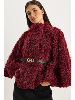 Kemer Detaylı Yumuşak Dokulu Peluş Bordo Panço
