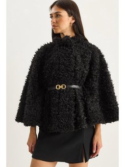 Kemer Detaylı Yumuşak Dokulu Peluş Siyah Panço