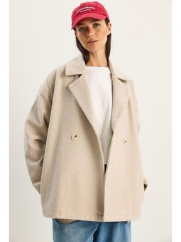 Kruvaze Yaka Cep Detaylı Kaşe Blazer Bej Ceket