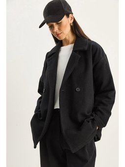 Kruvaze Yaka Cep Detaylı Kaşe Blazer Siyah Ceket