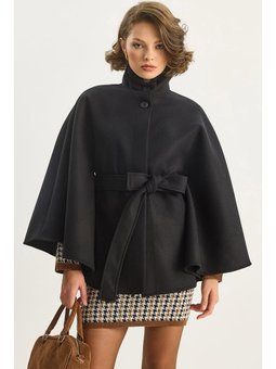 Kuşaklı Dik Yaka Kaşe Siyah Panço