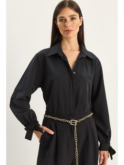 Manşet Detaylı Poplin Siyah Gömlek