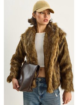 Premium Suni Kürk Kahverengi Ceket Camel