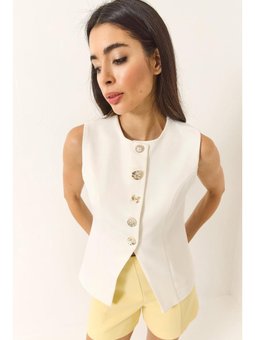 Regular Bisilet Yaka Gold Düğme Detaylı Astarlı Dokuma Beyaz Yelek