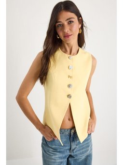 Regular Bisilet Yaka Gold Düğme Detaylı Astarlı Dokuma Sarı Yelek