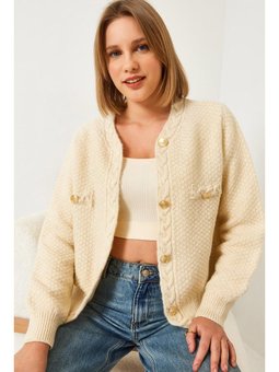 Saç Örgülü Düğmeli Triko Krem Hırka