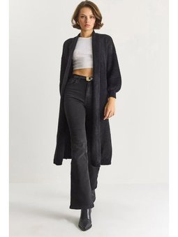 Şal Yaka Yumuşak Dokulu Sakallı Uzun Triko Yumoş Siyah Hırka