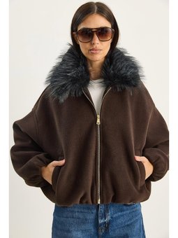 Seyyar Kürk Yakalı Fermuarlı Kaşe Bomber Acı Kahve Ceket
