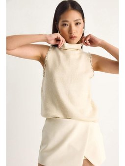 Taş Detaylı Yarım Balıkçı Yaka Triko Krem Bluz