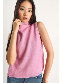 Taş Detaylı Yarım Balıkçı Yaka Triko Pembe Bluz
