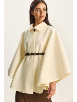 Yakalı Tek Düğme Detaylı Kemerli Kaşe Tereyağ Panço