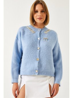 Yakası Taşlı Şardonlu Triko Bebe Mavisi Hırka