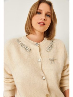 Yakası Taşlı Şardonlu Triko Ekru Hırka