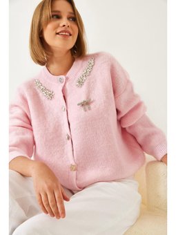 Yakası Taşlı Şardonlu Triko Pudra Hırka