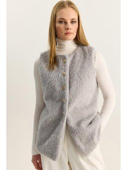 Yumuşak Dokulu Sakallı Düğme Detaylı Astarlı Gri Yelek