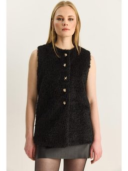 Yumuşak Dokulu Sakallı Düğme Detaylı Astarlı Siyah Yelek