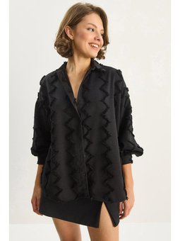 Zikzak Püsküllü Oversize Siyah Gömlek