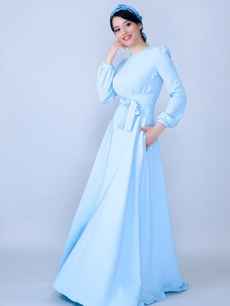 Bebe Mavi Uzun Kol Yuvarlak Yaka Büzgülü Kuşaklı Cepli Abiye Elbise