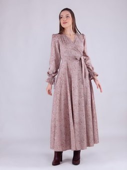 Bej Çiçek Desenli Kadife Kruvaze Yaka Uzun Kol Elbise