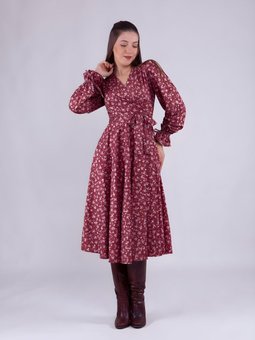 Bordo Çiçek Desenli Kadife Kruvaze Yaka Elbise