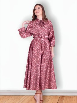 Bordo Çiçek Desenli Yarasa Kol Saten Abiye Elbise