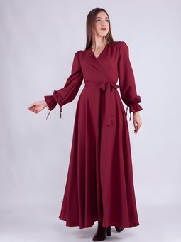 Bordo Uzun Kol Kruvaze Yaka Abiye Elbise