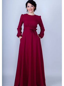 Bordo Uzun Kol Yuvarlak Yaka Büzgülü Kuşaklı Cepli Abiye Elbise