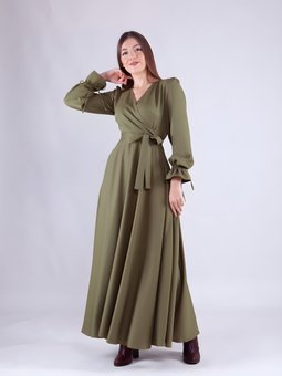 Haki Kruvaze Yaka Uzun Kol Abiye Elbise